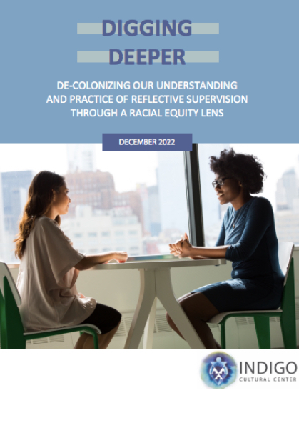 Cover of the Digging Deeper: Decolonizing Our Understanding of Reflective Supervision Through a Racial Equity Lens December 2022 by Indigo Cultural Center, features two women in a meeting talking.